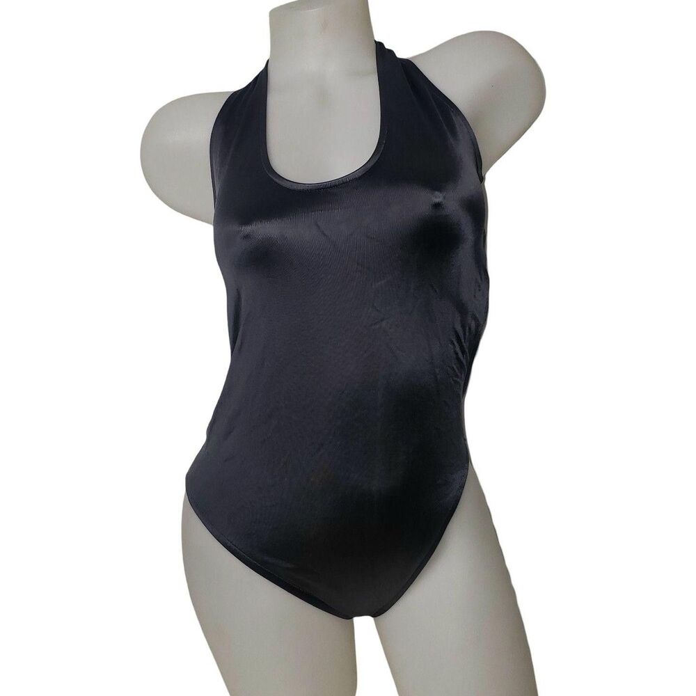 Black One Piece Swimsuit Womens Size 14 Halter Backless Made USA Nylon Spandex